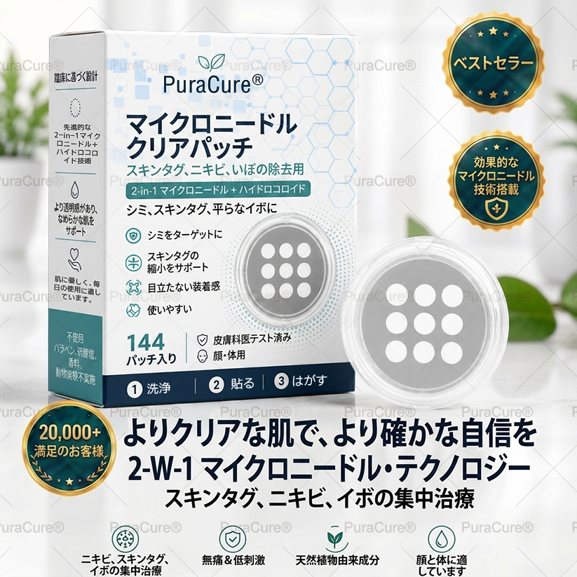 💙PuraCure® 2-in-1 マイクロニードル＆ハイドロコロイドパッチ🧑‍⚕️| 盛り上がったホクロ・ニキビ・扁平イボ・スキンタッグのケアに | シワ・ニキビ跡・肌の色ムラをケア | 目立たない透明パッチ（顔・体用）